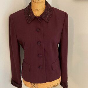 Talbots Jacket Women Size 10 Dark Eggplant Color Beaded Collar & Cuffs